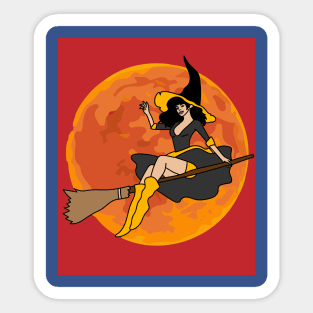 Flying Witch On A Broomstick With A Hat Sticker